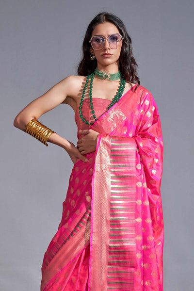 Shop Cheri Pink Kanoi Silk Foil Print Stripe One Minute Saree at best offer at our  Store - One Minute Saree
