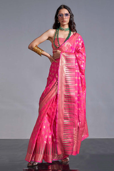 Buy Cheri Pink Kanoi Silk Foil Print Stripe One Minute Saree Online - One Minute Saree