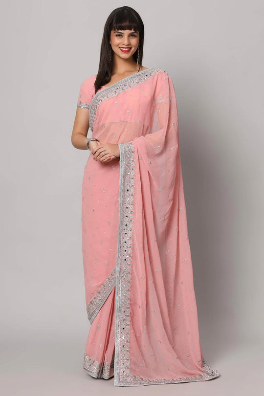Buy Aaliya Dusty Rose Silver Embroidered Mirror Work  One Minute Saree Online - One Minute Saree