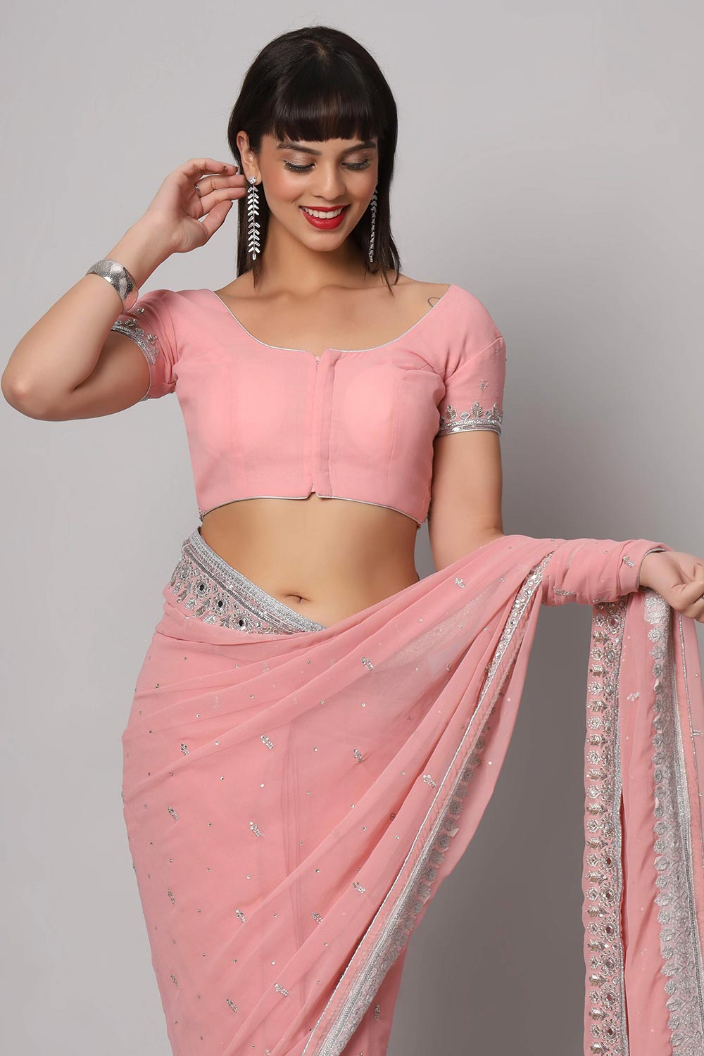 Buy Aaliya Dusty Rose Silver Embroidered Mirror Work  One Minute Saree Online - Front