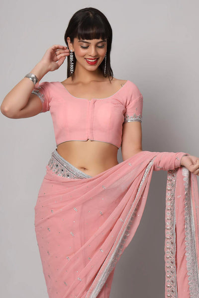 Buy Aaliya Dusty Rose Silver Embroidered Mirror Work  One Minute Saree Online - Front