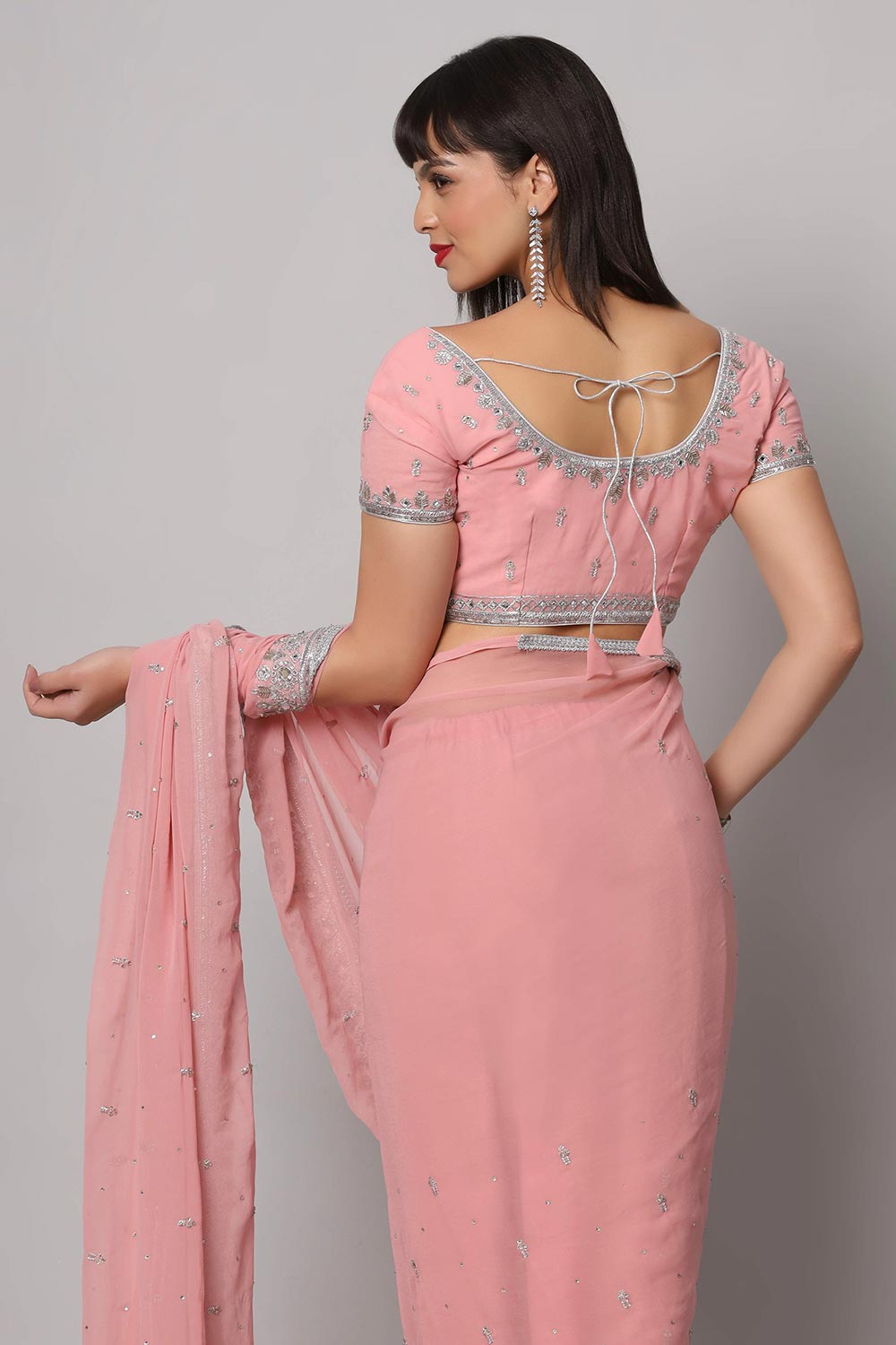 Buy Aaliya Dusty Rose Silver Embroidered Mirror Work  One Minute Saree Online - Side