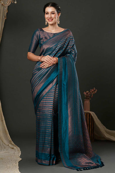 Buy Paula Teal Blue Linear Motif Kanjivaram One Minute Saree Online - One Minute Saree