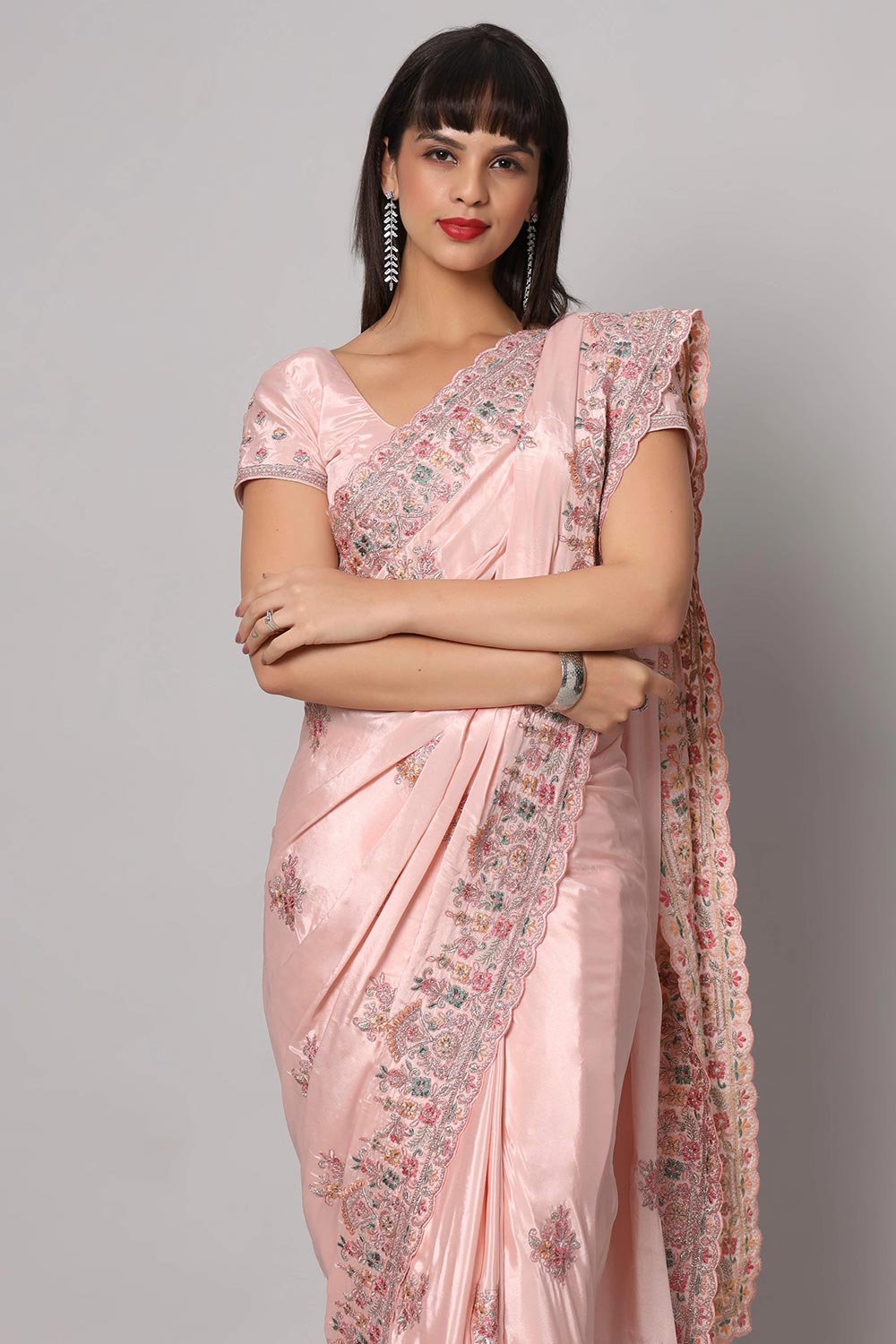 Buy Noor Pink Royal Embroidered Crepe One Minute Saree Online