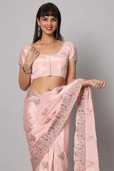 Buy Noor Pink Royal Embroidered Crepe One Minute Saree Online - Front