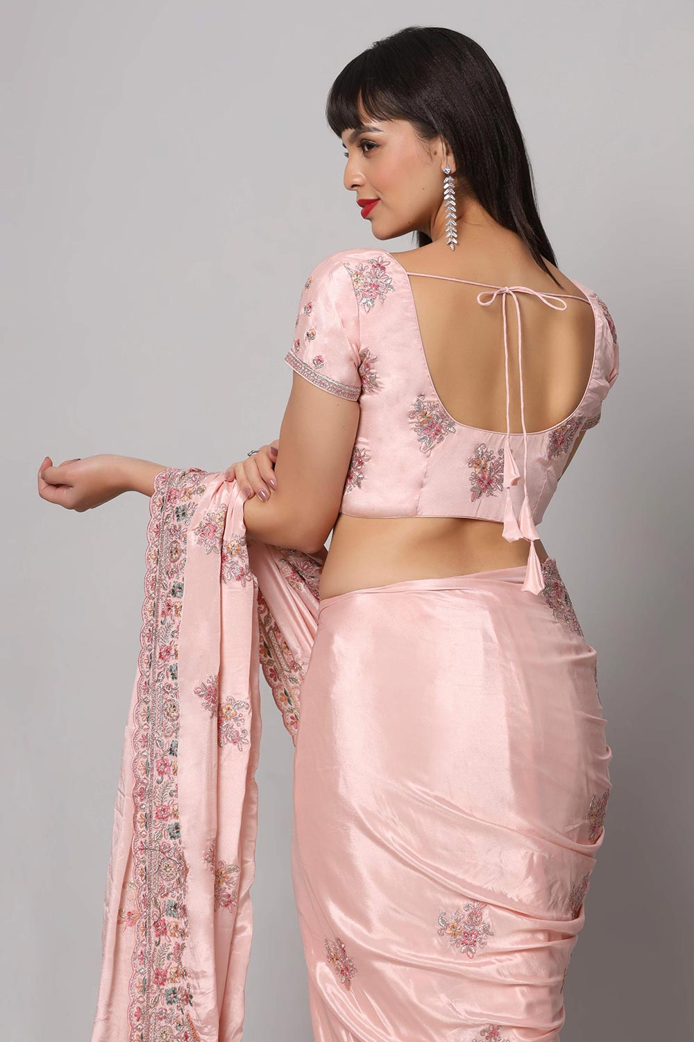 Buy Noor Pink Royal Embroidered Crepe One Minute Saree Online - Side