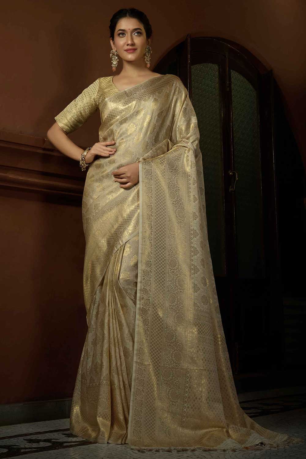 Buy Celine Off-White Art Silk Woven One Minute Saree Online - One Minute Saree