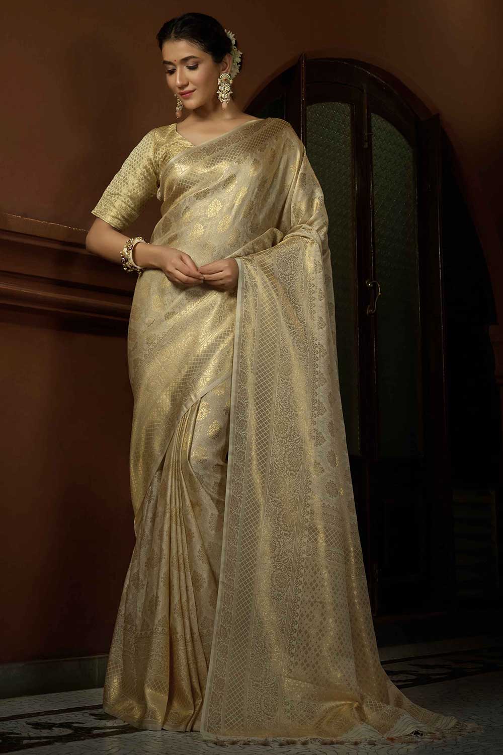 Shop Celine Off-White Art Silk Woven One Minute Saree at best offer at our  Store - One Minute Saree