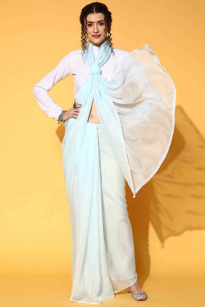 Buy Turquoise & Off-White Organza Solid Designer One Minute Saree Online - One Minute Saree
