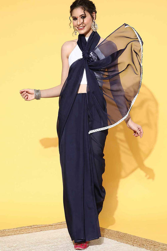 Buy Hana Organza Navy Blue Solid Celebrity One Minute Saree Online - One Minute Saree