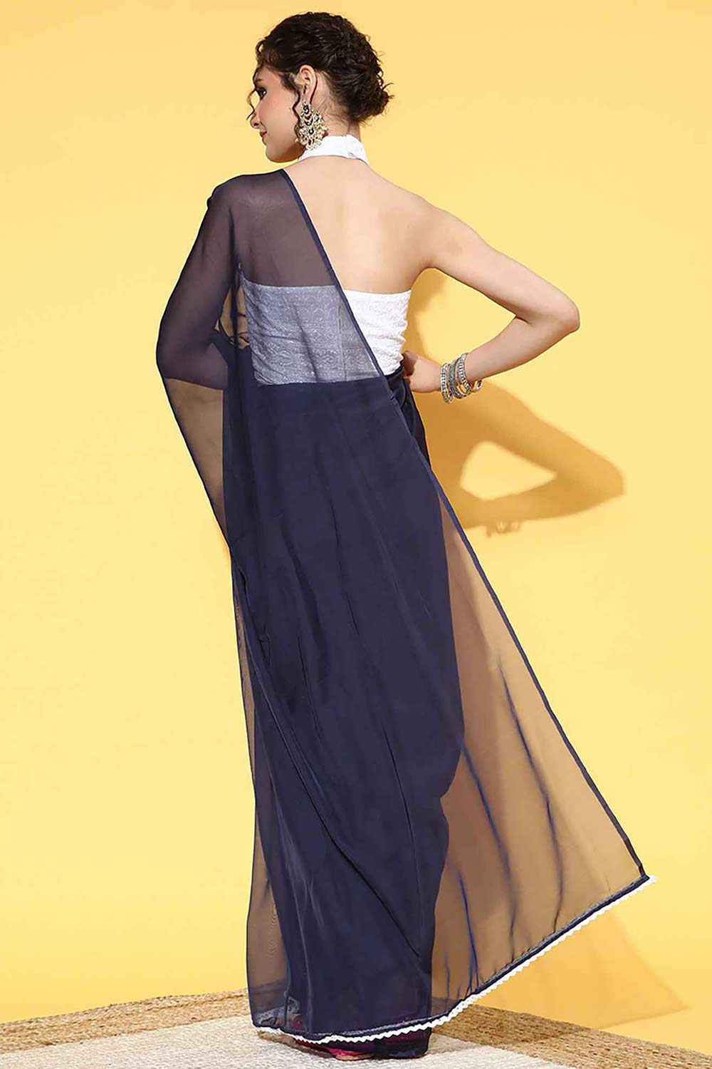 Hana Organza Navy Blue Solid Celebrity One Minute Saree