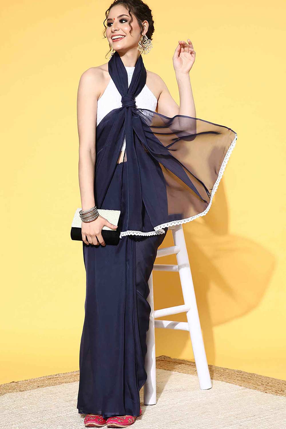 Buy Hana Organza Navy Blue Solid Celebrity One Minute Saree Online