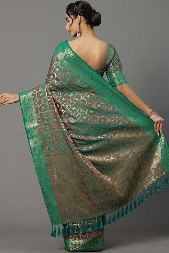 Shop Aarti Teal Green Banarasi Blended Silk One Minute Saree at best offer at our  Store - One Minute Saree