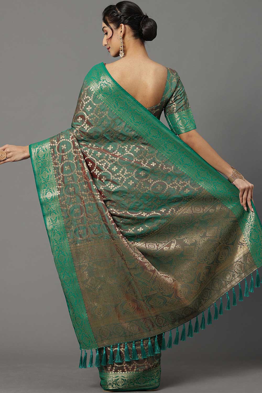Shop Aarti Teal Green Banarasi Blended Silk One Minute Saree at best offer at our  Store - One Minute Saree
