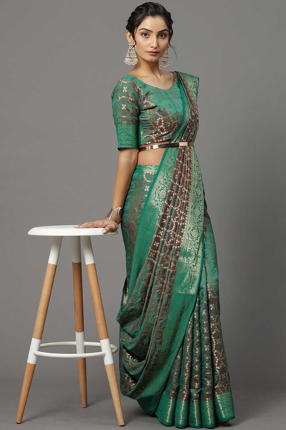Buy Aarti Teal Green Banarasi Blended Silk One Minute Saree Online