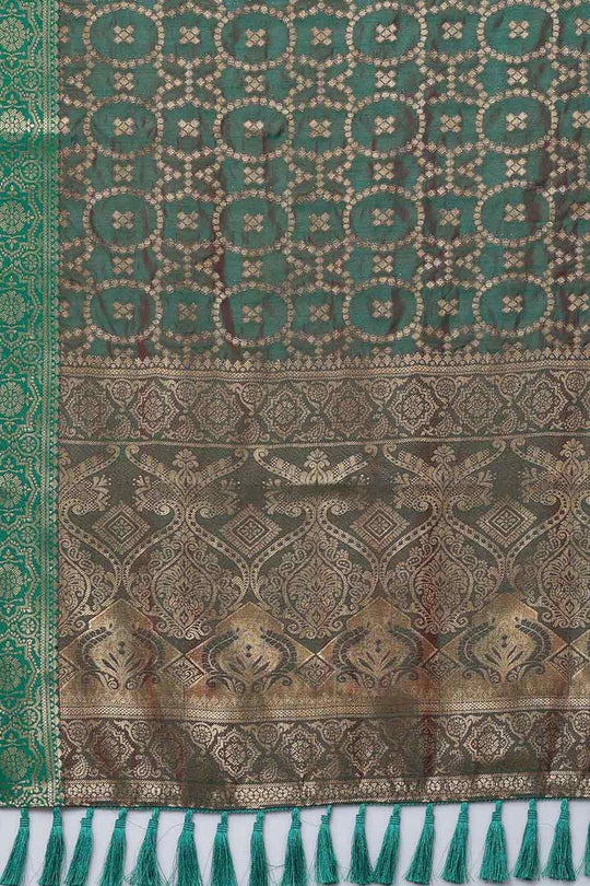 Buy Aarti Teal Green Banarasi Blended Silk One Minute Saree Online - Back