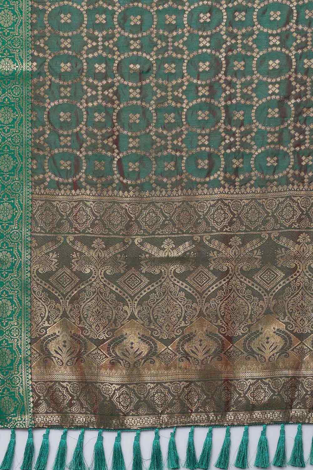 Buy Aarti Teal Green Banarasi Blended Silk One Minute Saree Online - Back