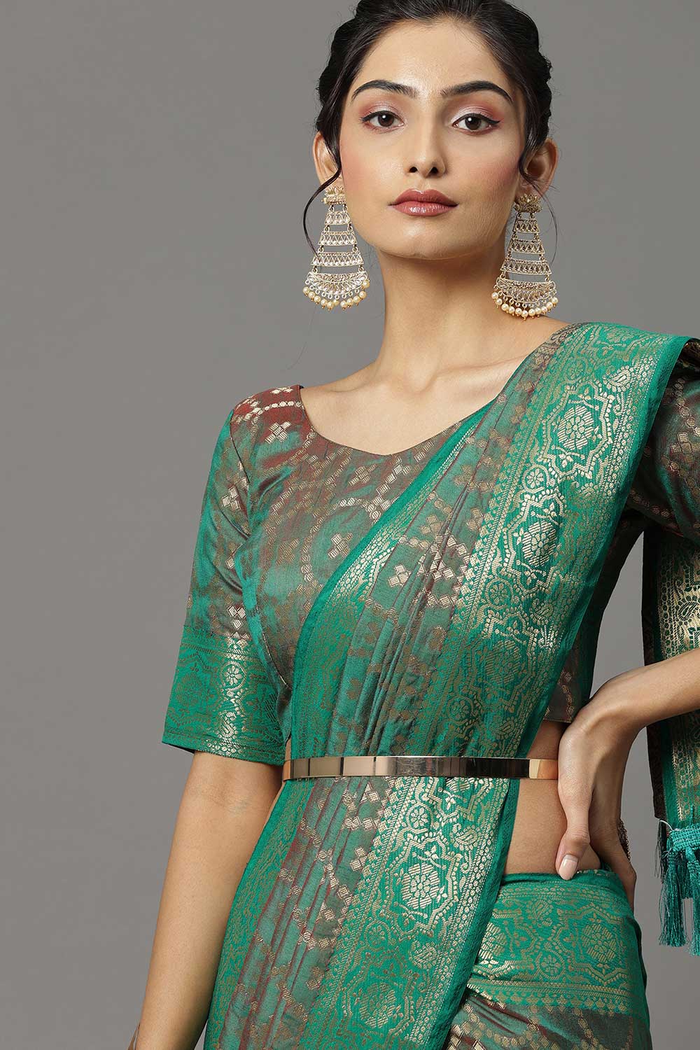 Buy Aarti Teal Green Banarasi Blended Silk One Minute Saree Online - Front