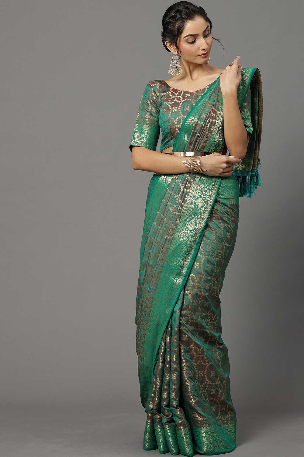 Buy Aarti Teal Green Banarasi Blended Silk One Minute Saree Online - One Minute Saree