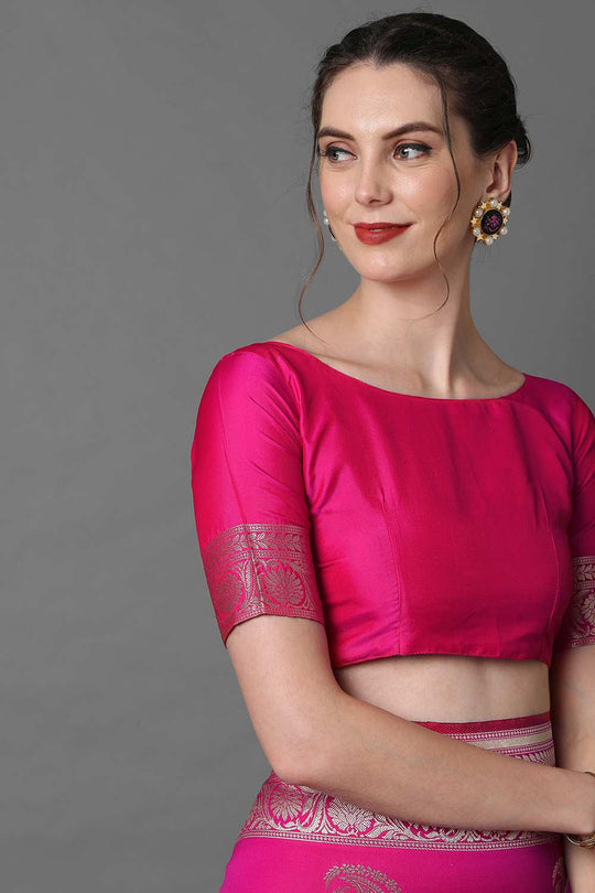 Buy Zeyna Pink Woven Art Silk One Minute Saree Online - Back