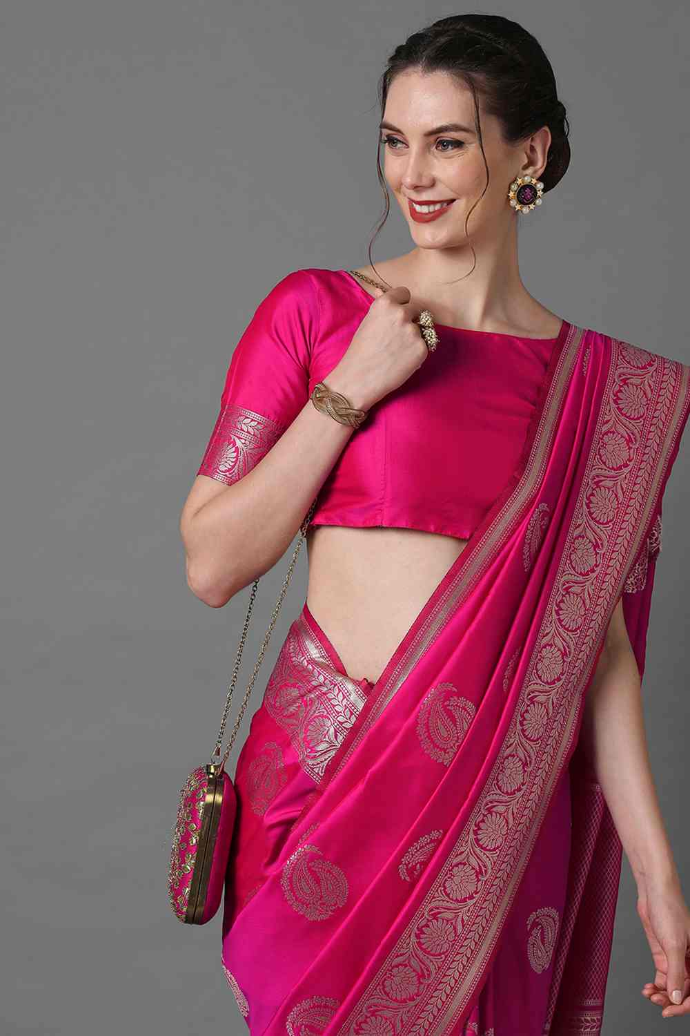 Buy Zeyna Pink Woven Art Silk One Minute Saree Online - Side