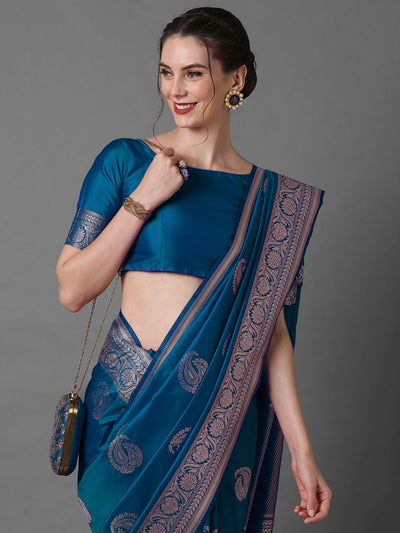 Shop Paloma Blue Silk Blend Banarasi Floral One Minute Saree at best offer at our  Store - One Minute Saree