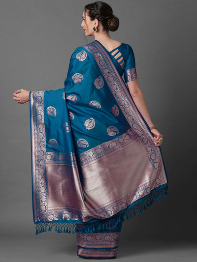 Buy Paloma Blue Silk Blend Banarasi Floral One Minute Saree Online