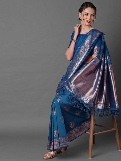 Buy Paloma Blue Silk Blend Banarasi Floral One Minute Saree Online - Back