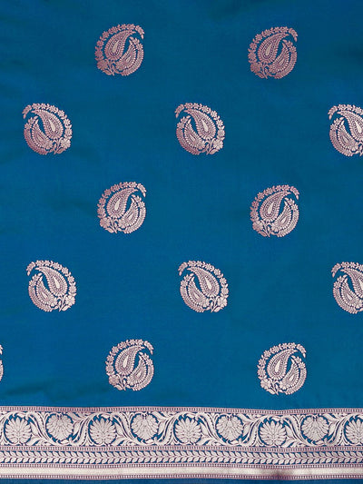 Buy Paloma Blue Silk Blend Banarasi Floral One Minute Saree Online - Front