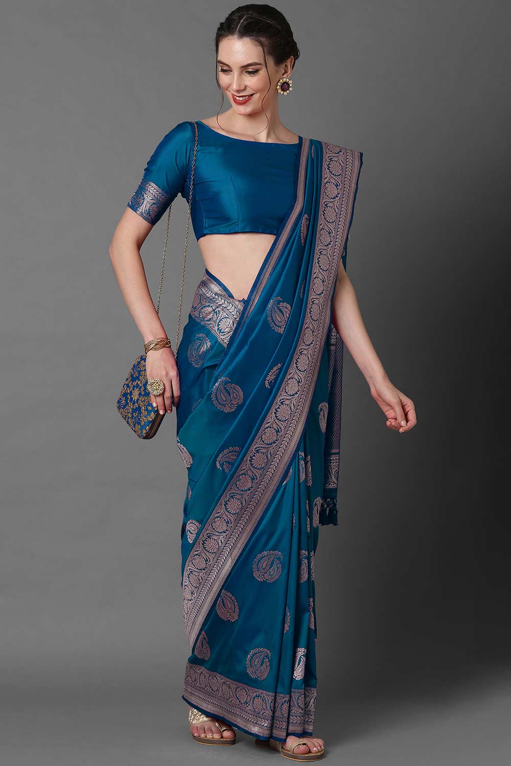 Buy Paloma Blue Silk Blend Banarasi Floral One Minute Saree Online - One Minute Saree