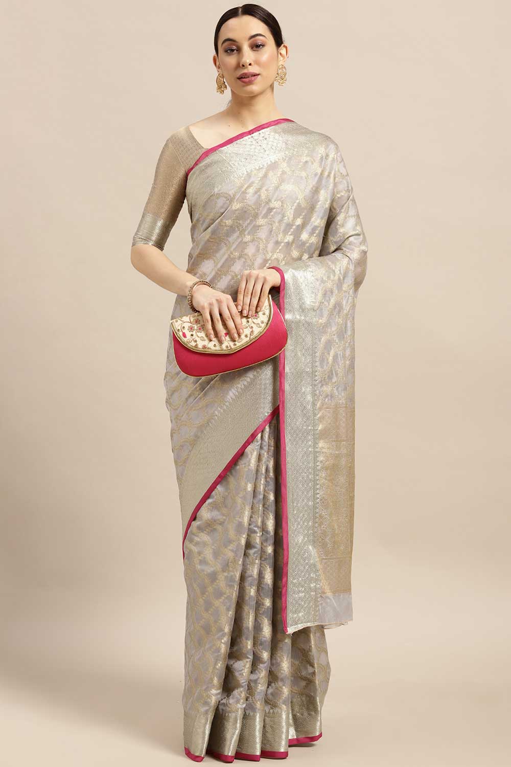 Buy Mishka Beige Banarasi Blended Silk One Minute Saree Online