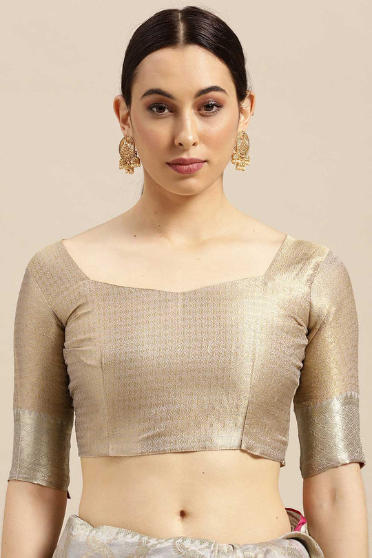 Buy Mishka Beige Banarasi Blended Silk One Minute Saree Online - Front