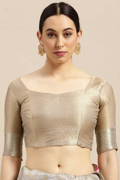 Buy Mishka Beige Banarasi Blended Silk One Minute Saree Online - Front
