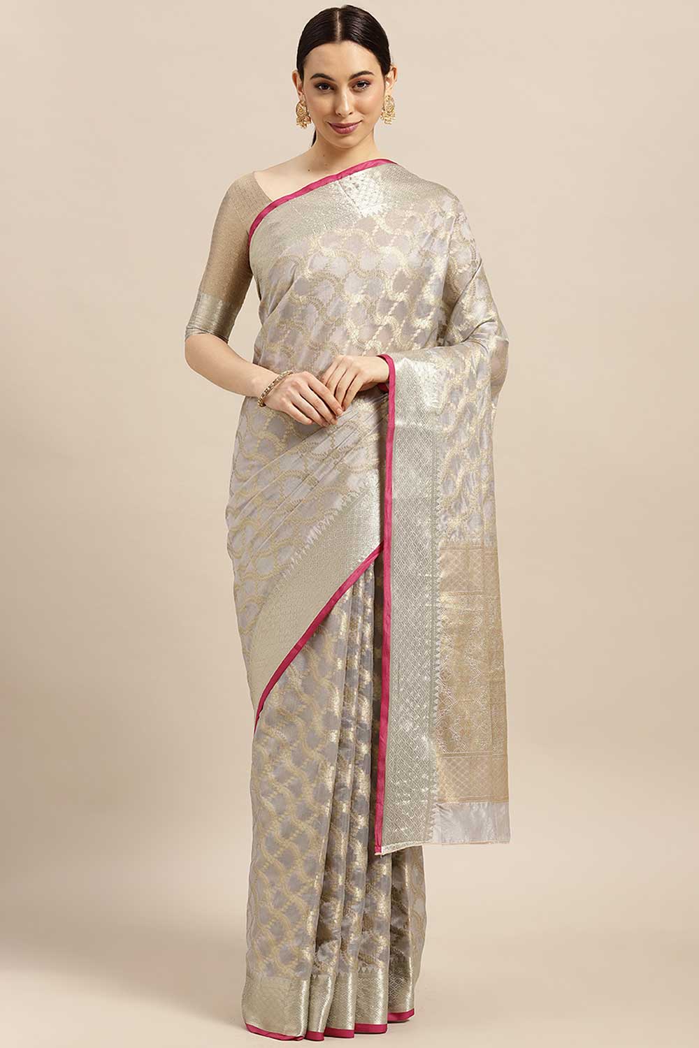 Buy Mishka Beige Banarasi Blended Silk One Minute Saree Online - One Minute Saree