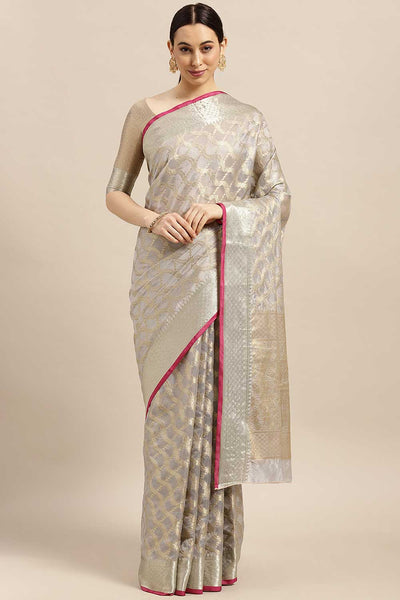 Buy Mishka Beige Banarasi Blended Silk One Minute Saree Online - One Minute Saree