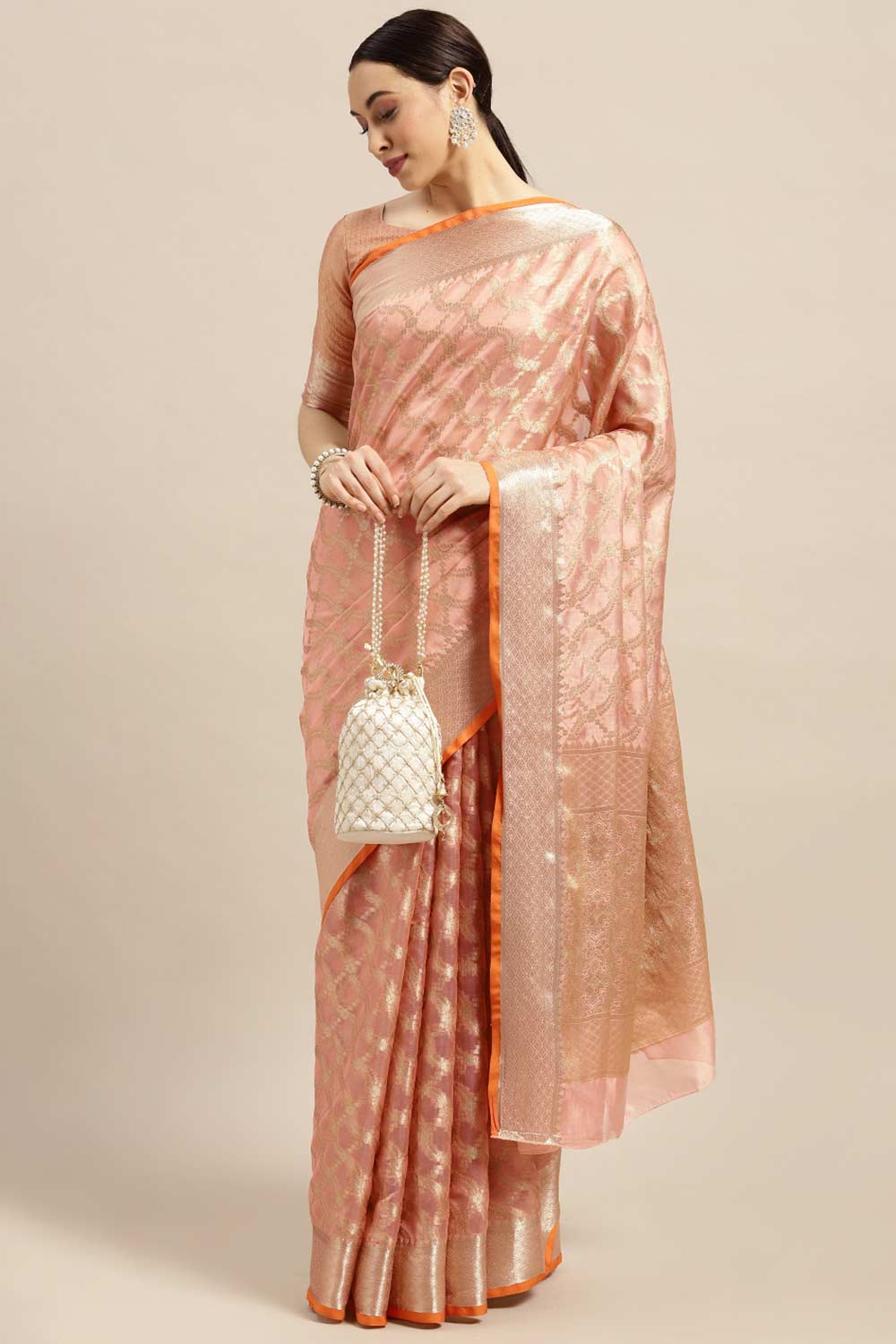 Buy Tatiana Orange Silk Blend Banarasi Floral One Minute Saree Online - One Minute Saree