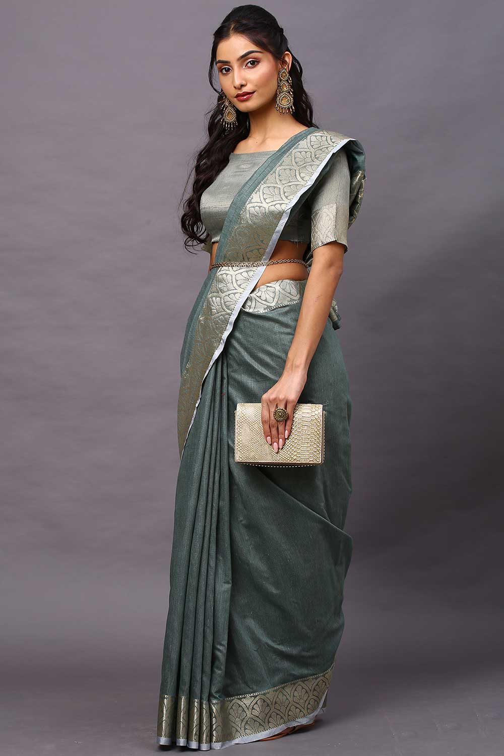 Buy Kelly Sea Green Floral Blended Linen One Minute Saree Online