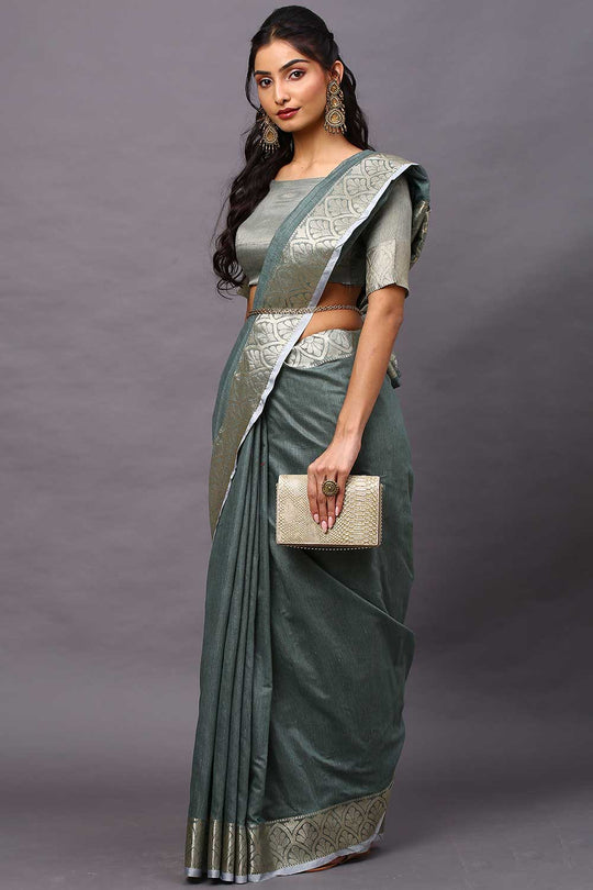 Buy Kelly Sea Green Floral Blended Linen One Minute Saree Online