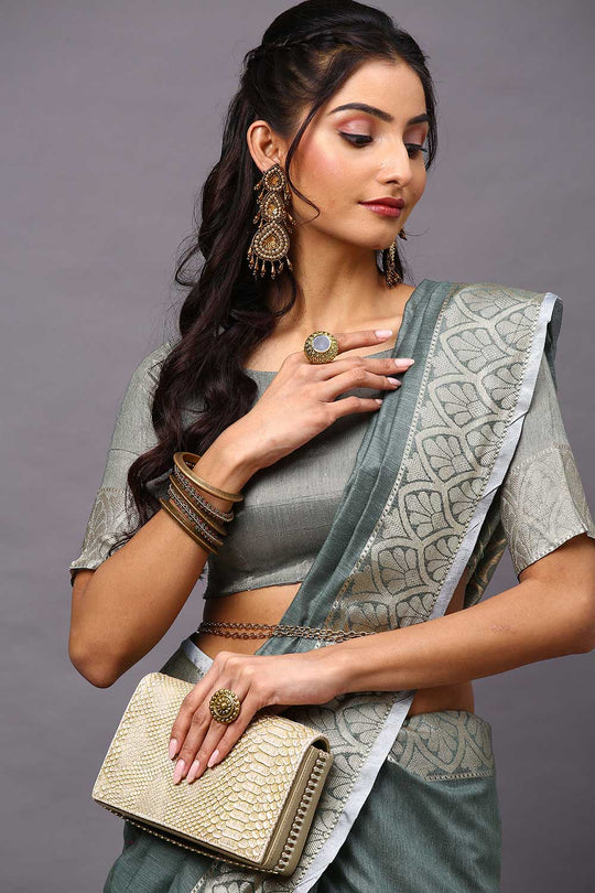 Buy Kelly Sea Green Floral Blended Linen One Minute Saree Online - Back