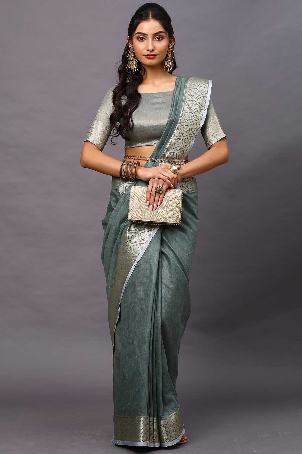 Buy Kelly Sea Green Floral Blended Linen One Minute Saree Online - One Minute Saree