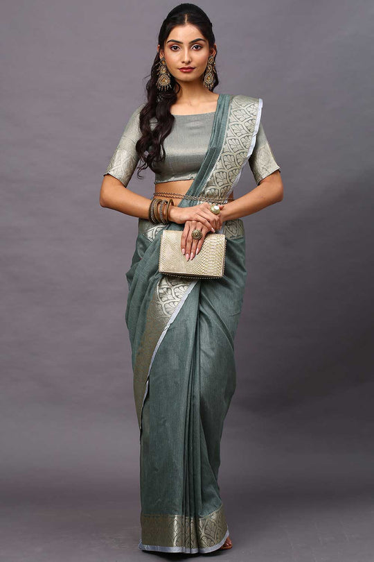 Buy Kelly Sea Green Floral Blended Linen One Minute Saree Online - One Minute Saree