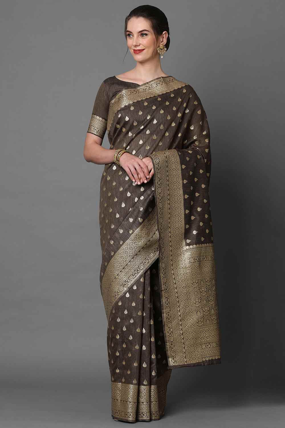 Buy Dimple Brown Woven Art Silk One Minute Saree Online - One Minute Saree