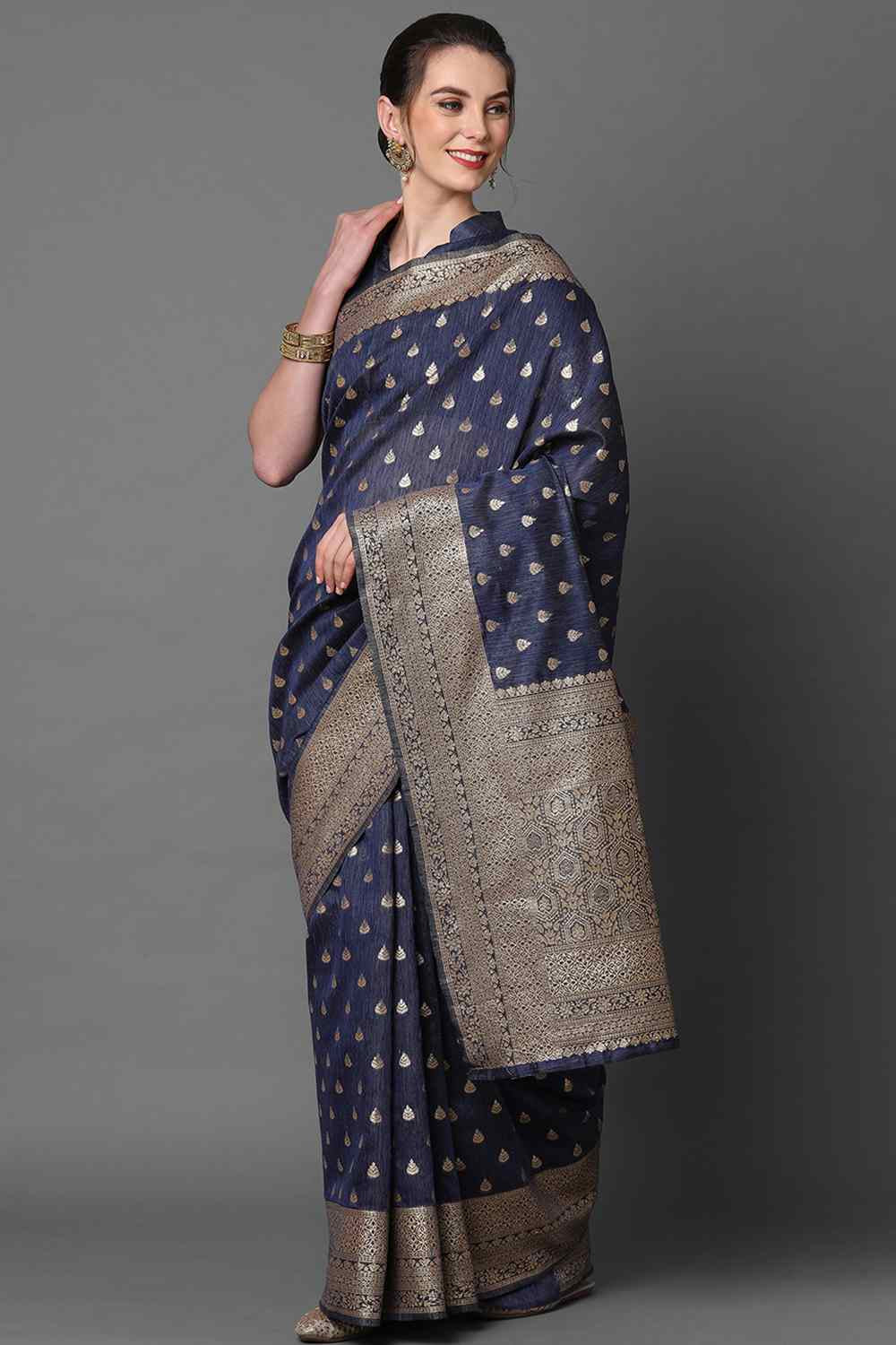 Buy Tiana Navy blue Woven Art Silk One Minute Saree Online