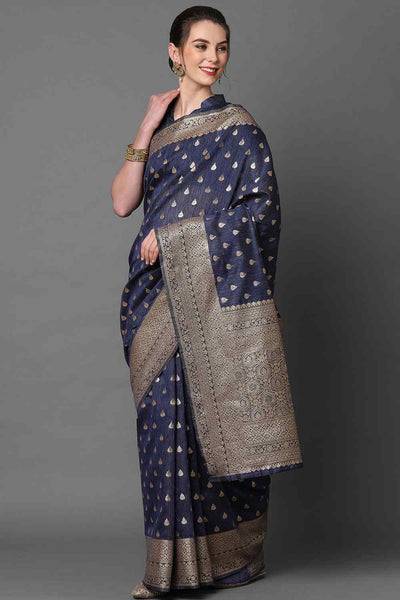 Buy Tiana Navy blue Woven Art Silk One Minute Saree Online