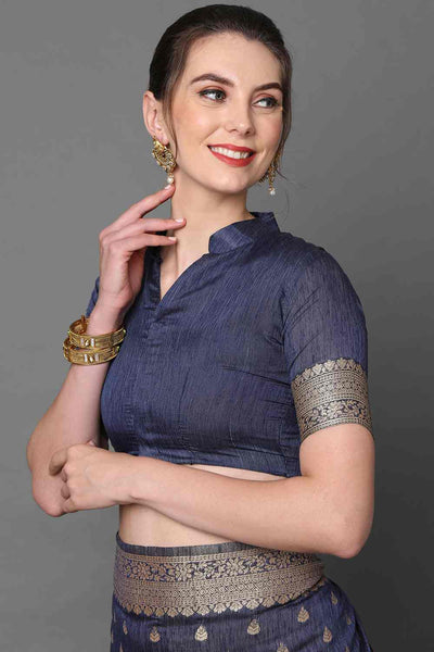 Buy Tiana Navy blue Woven Art Silk One Minute Saree Online - Back