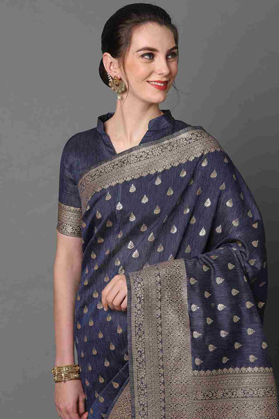 Buy Tiana Navy blue Woven Art Silk One Minute Saree Online - Side