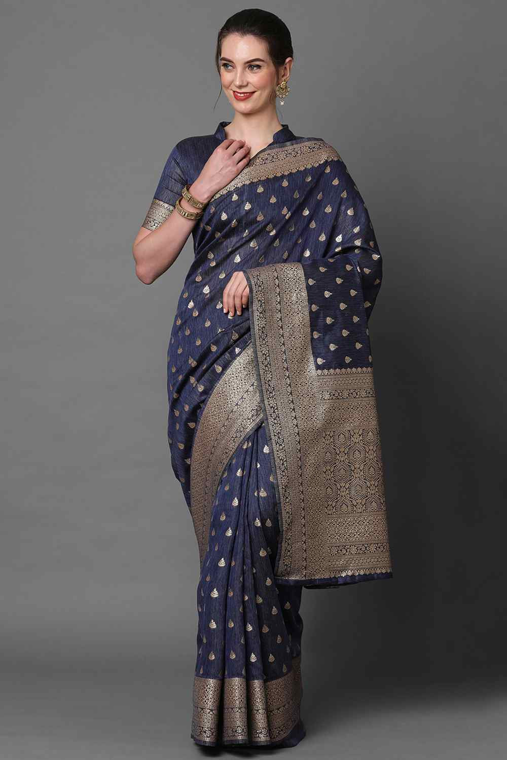 Buy Tiana Navy blue Woven Art Silk One Minute Saree Online - One Minute Saree