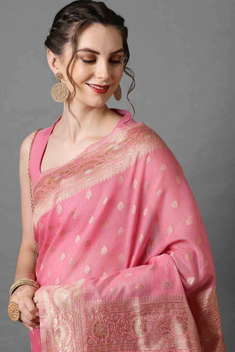 Buy Tia Light Pink Woven Art Silk One Minute Saree Online - Side
