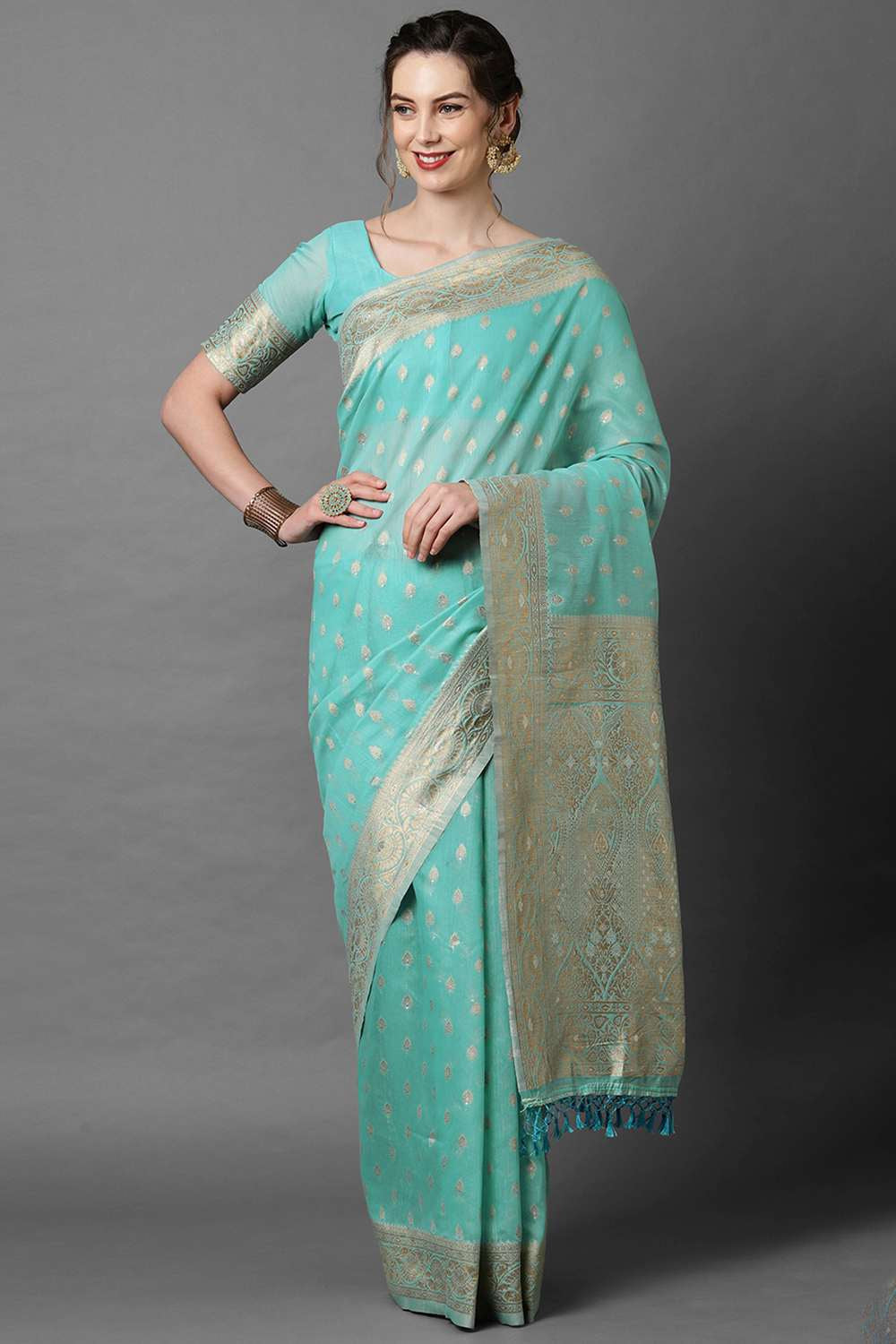 Buy Aaliyah Sky Blue Woven Art Silk One Minute Saree Online - One Minute Saree