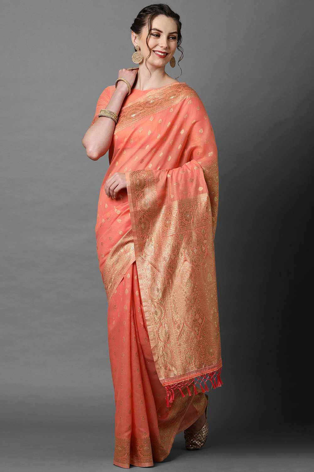 Buy Lianna Peach Woven Art Silk One Minute Saree Online